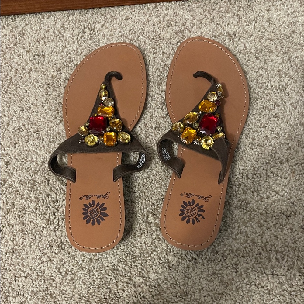 Yellow Box Sandals with Red and Yellow Gemstones